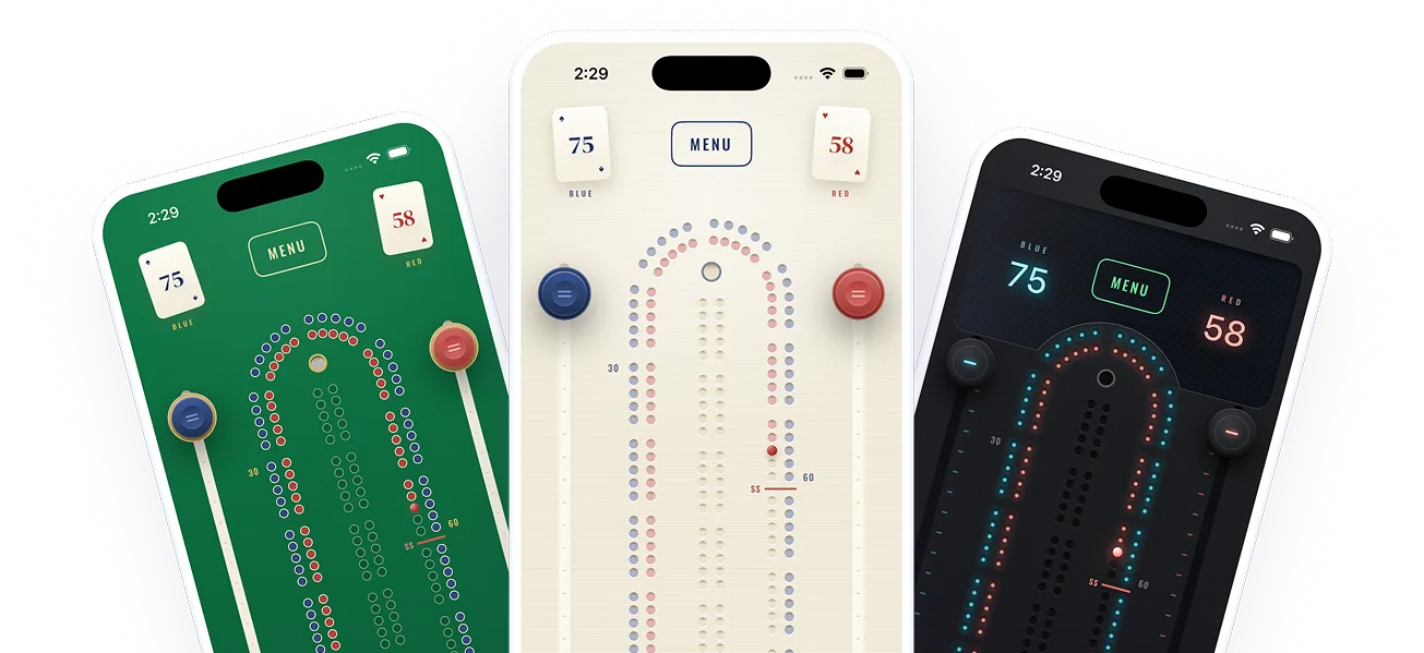Three iPhones showing the Muggins cribbage board in casino green, classic cream, and obsidian themes