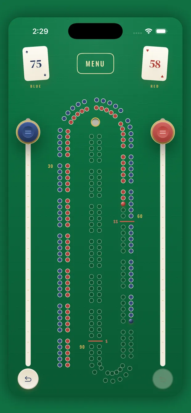The Muggins board in the casino green felt theme, blue leading 75 to 58