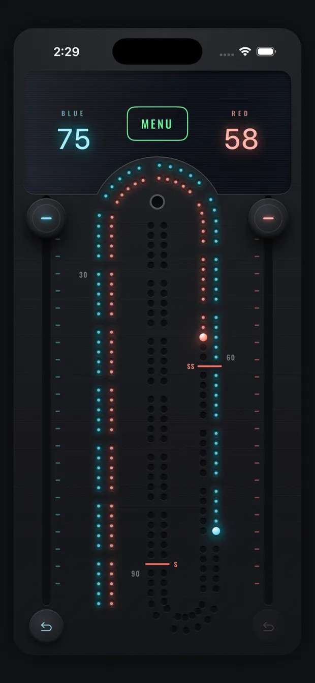 The Muggins board in the dark obsidian theme, blue leading 75 to 58