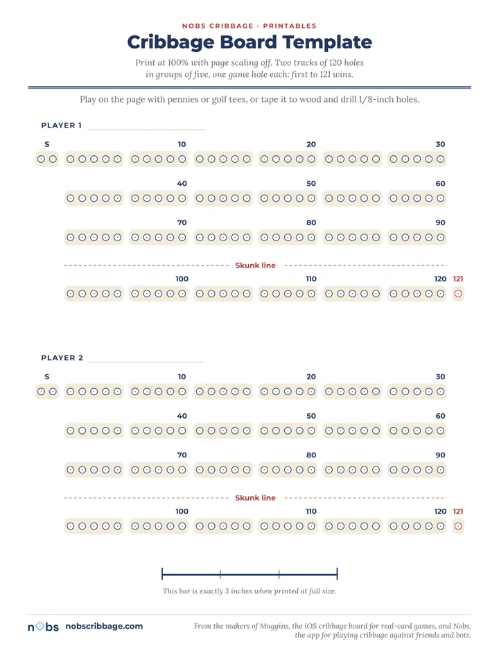 The cribbage board template: two 120-hole tracks in rows of 30 with numbered holes and a marked skunk line